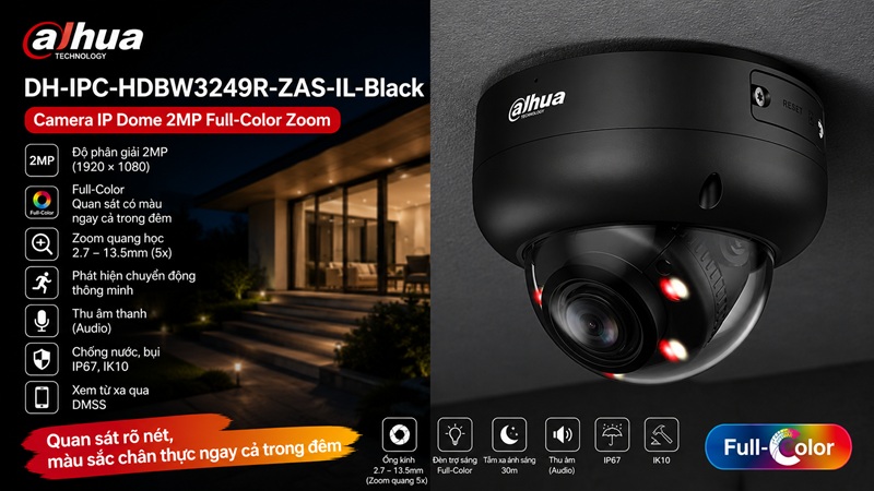 Dahua DH-IPC-HDBW3249R-ZAS-IL-Black – Camera IP Dome 2MP Full-Color Zoom Màu Đen
