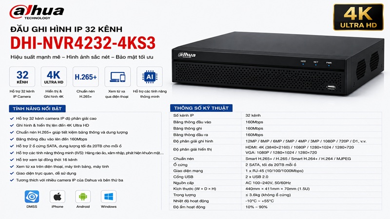 Đầu ghi hình IP 32 kênh Dahua DHI-NVR4232-4KS3