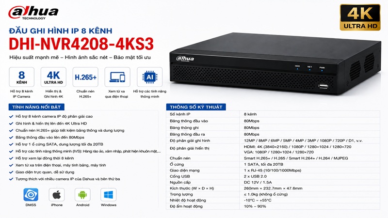 Đầu ghi hình IP 8 kênh Dahua DHI-NVR4208-4KS3