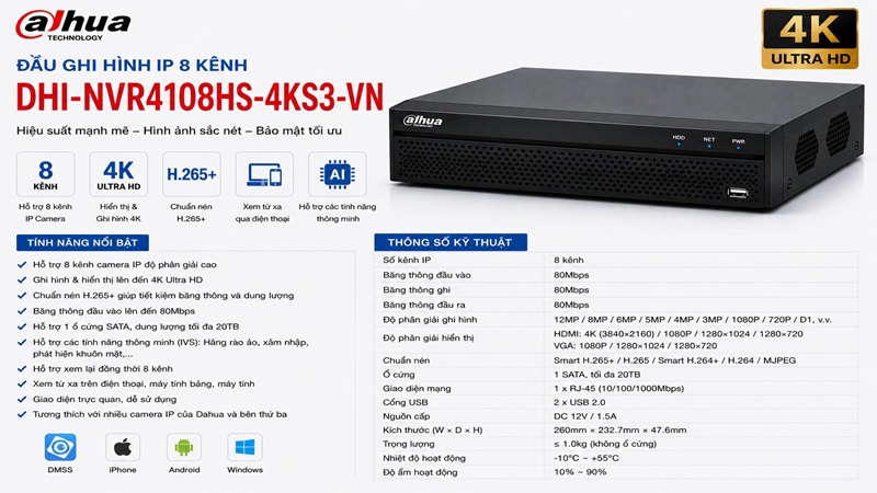 Đầu ghi hình IP 8 kênh Dahua DHI-NVR4108HS-4KS3-VN