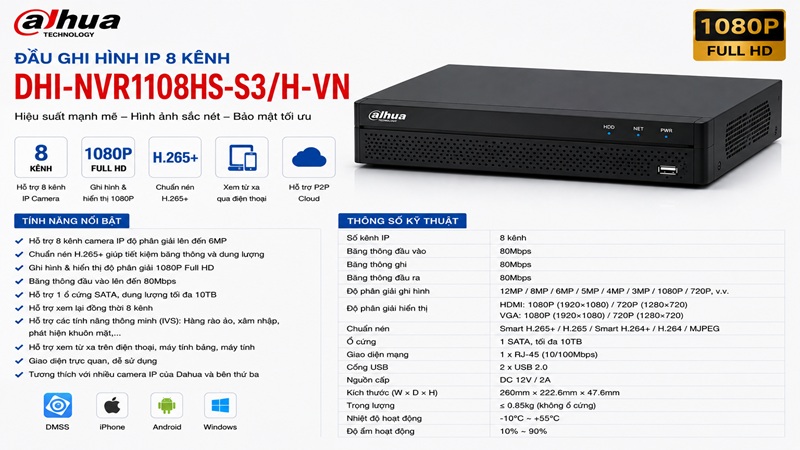 Đầu ghi hình IP 8 kênh Dahua DHI-NVR1108HS-S3/H-VN