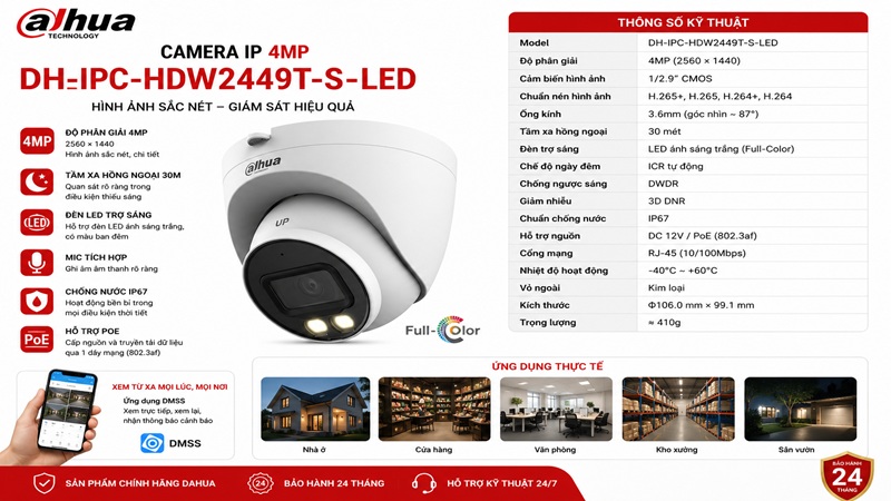 Camera IP 4MP Dahua DH-IPC-HDW2449T-S-LED