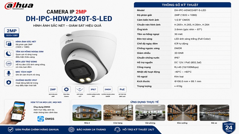 Camera IP 2MP Dahua DH-IPC-HDW2249T-S-LED