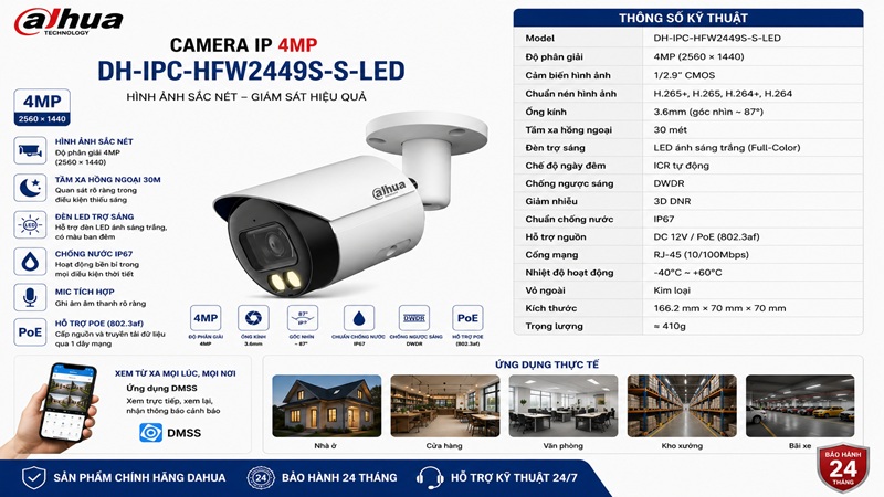 Camera IP 4MP Dahua DH-IPC-HFW2449S-S-LED