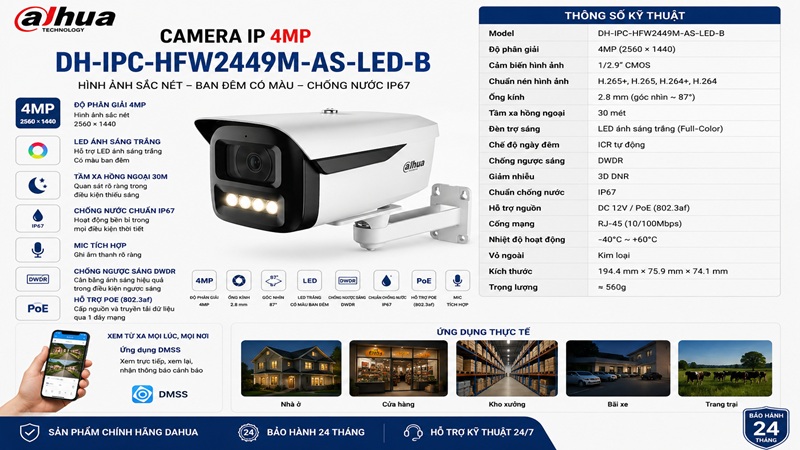 Camera IP 4MP Dahua DH-IPC-HFW2449M-AS-LED-B