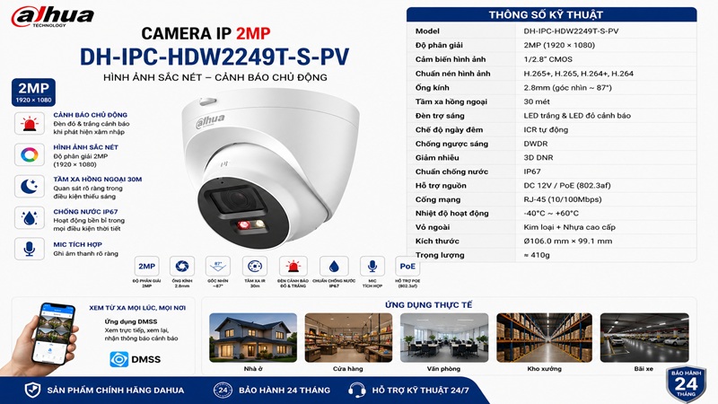 Camera IP 2MP Dahua DH-IPC-HDW2249T-S-PV