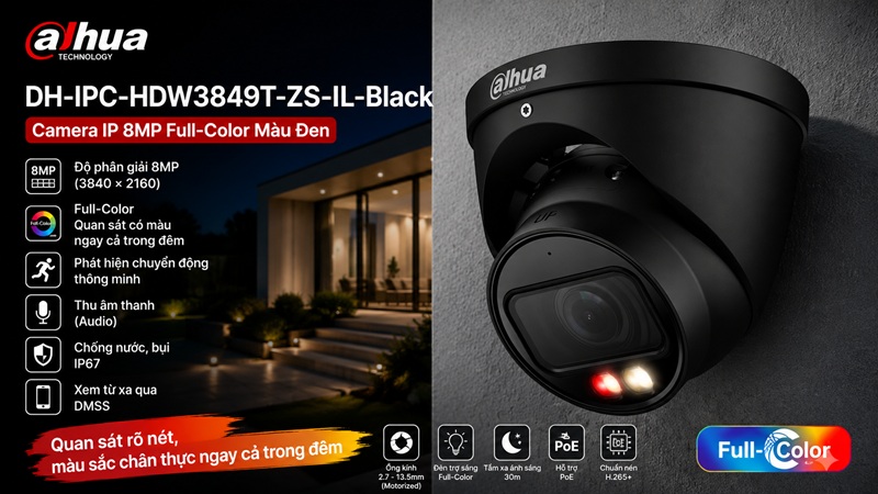 Dahua DH-IPC-HDW3849T-ZS-IL-Black – Camera IP 8MP Full-Color Màu Đen