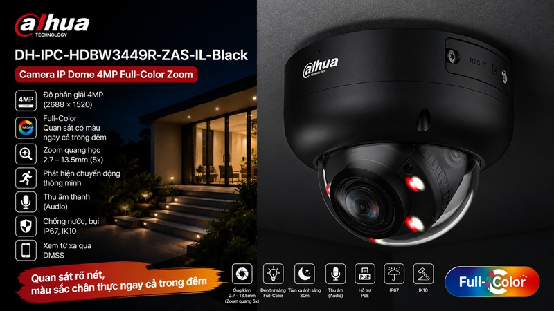 Dahua DH-IPC-HDBW3449R-ZAS-IL-Black – Camera IP Dome 4MP Full-Color Zoom Màu Đen