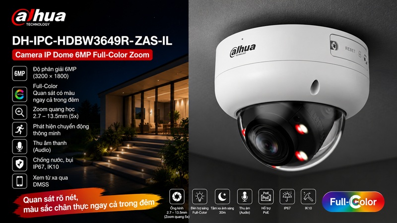 Dahua DH-IPC-HDBW3649R-ZAS-IL – Camera IP Dome 6MP Full-Color Zoom