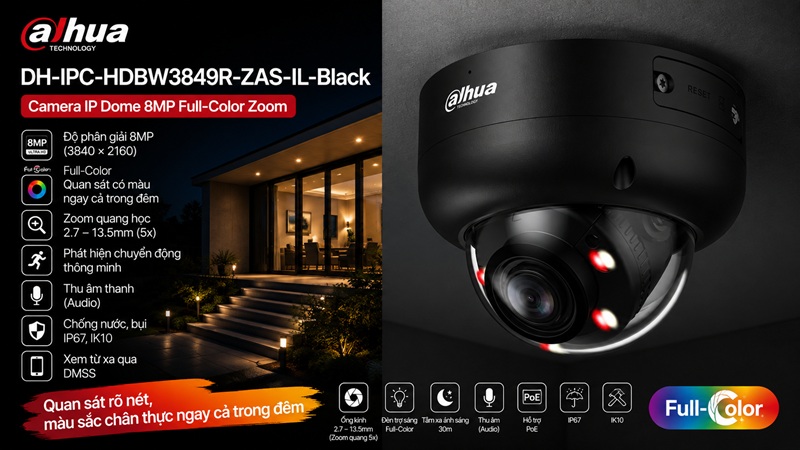 Dahua DH-IPC-HDBW3849R-ZAS-IL-Black – Camera IP Dome 8MP Full-Color Zoom Màu Đen