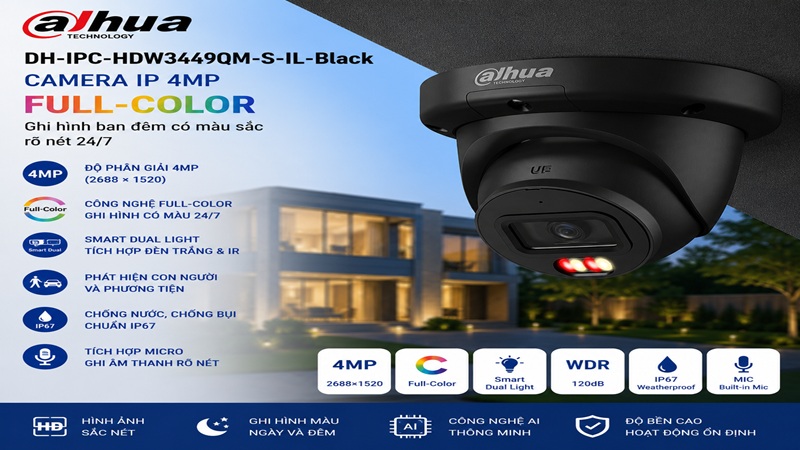 Dahua DH-IPC-HDW3449QM-S-IL-Black – Camera IP 4MP Full-Color Màu Đen