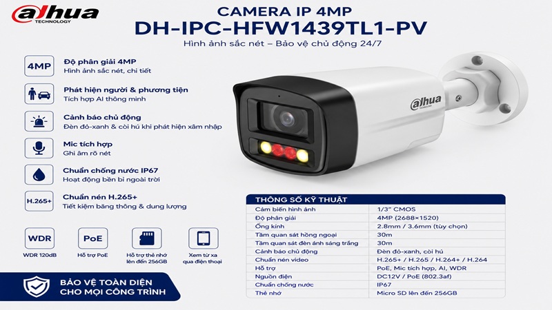 Camera IP 4MP Dahua DH-IPC-HFW1439TL1-PV